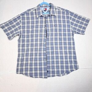 Tommy Hilfiger Mens XXL Blue Plaid Short Sleeve Button Down Shirt Cotton Logo